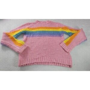 Chunky Knit Pink Sweater with Rainbow Striped Sleeves Cozy Warm Pullover Size S